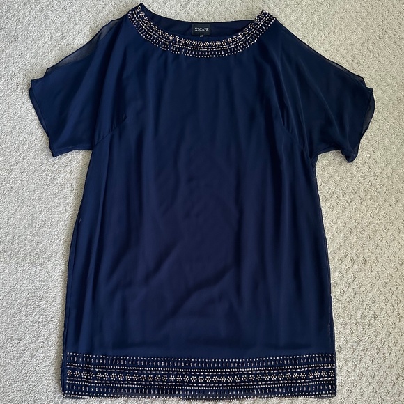 Xscape Embellished Split Sleeve Chiffon Shift Dress Navy Size 18W Cocktail - Picture 5 of 15